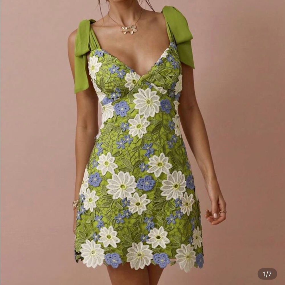 Floral Green Dress with Bow Straps